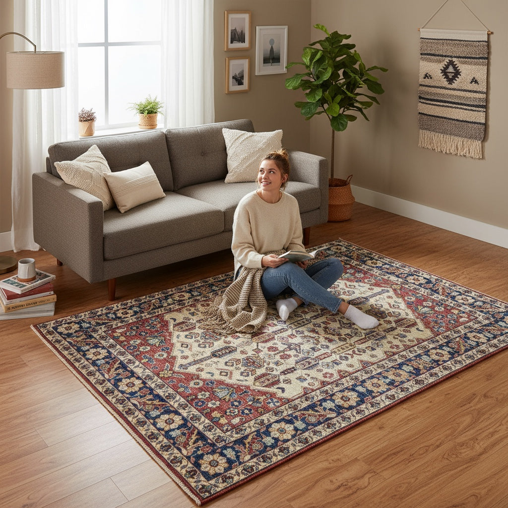 Tappeto Shirvan rettangolare 210x150 cm, fondo beige con cornice blu e motivo geometrico centrale, annodato a mano in lana con colori vegetali, provenienza Afghanistan.