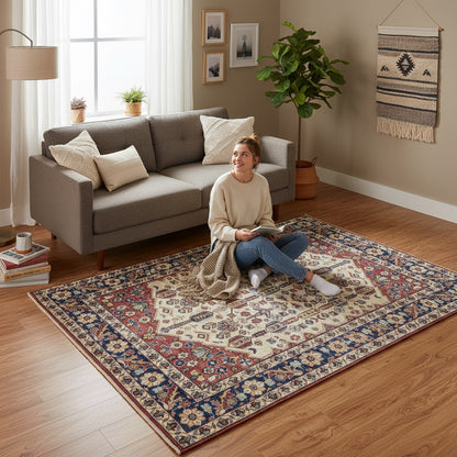 Tappeto Shirvan rettangolare 210x150 cm, fondo beige con cornice blu e motivo geometrico centrale, annodato a mano in lana con colori vegetali, provenienza Afghanistan.