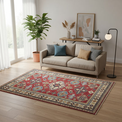 Tappeto Shirvan rosso con cornice beige e motivi geometrici, annodato a mano in Afghanistan in lana e cotone con colori vegetali.