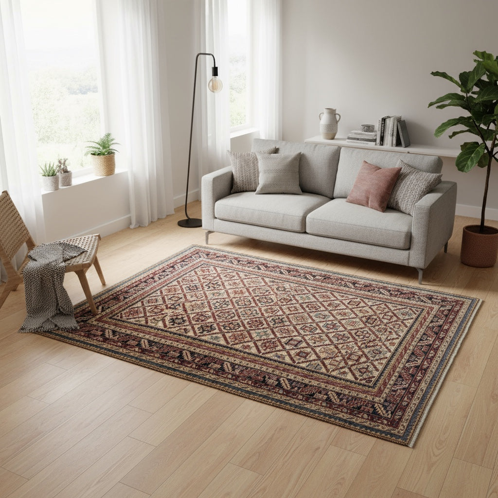 Tappeto Shirvan 198x146 cm, annodato a mano, lana e colori vegetali, motivi geometrici a rombi, artigianato caucasico.