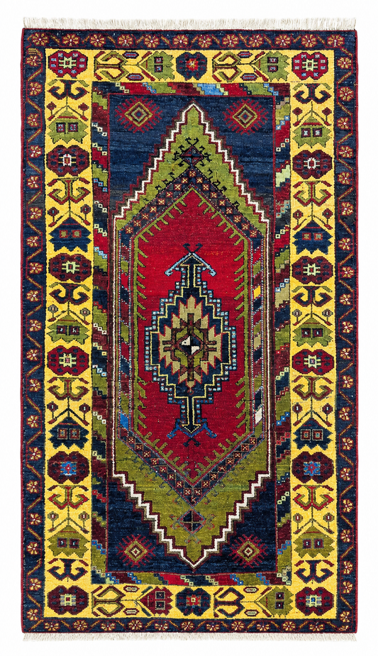 Tappeto 179x103 cm rosso blu e giallo con motivo geometrico per ingresso elegante.