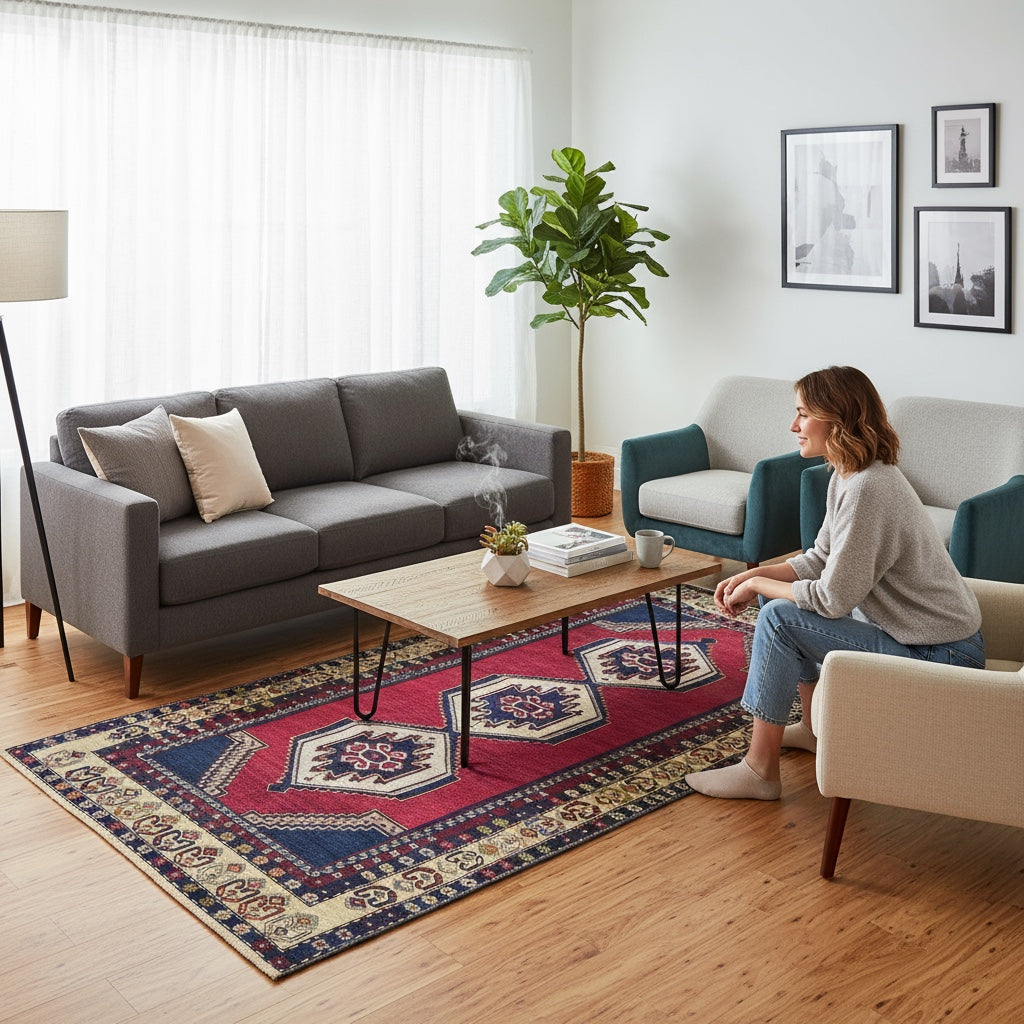 Tappeto Turko 273x149 cm annodato a mano, rettangolare, fondo rosso intenso con tre medaglioni geometrici blu e avorio, cornice decorata con motivi anatolici.