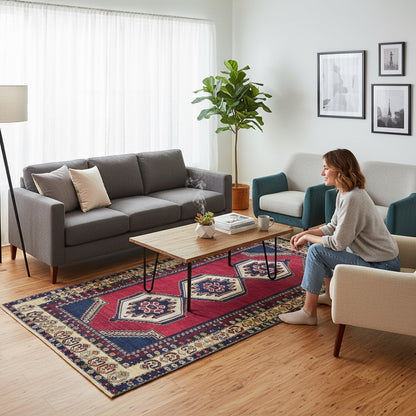 Tappeto Turko 273x149 cm annodato a mano, rettangolare, fondo rosso intenso con tre medaglioni geometrici blu e avorio, cornice decorata con motivi anatolici.