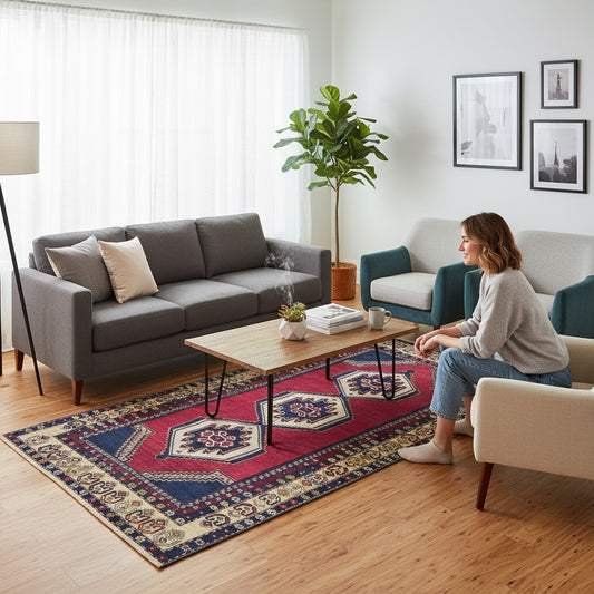 Tappeto Turko 273x149 cm annodato a mano, rettangolare, fondo rosso intenso con tre medaglioni geometrici blu e avorio, cornice decorata con motivi anatolici.