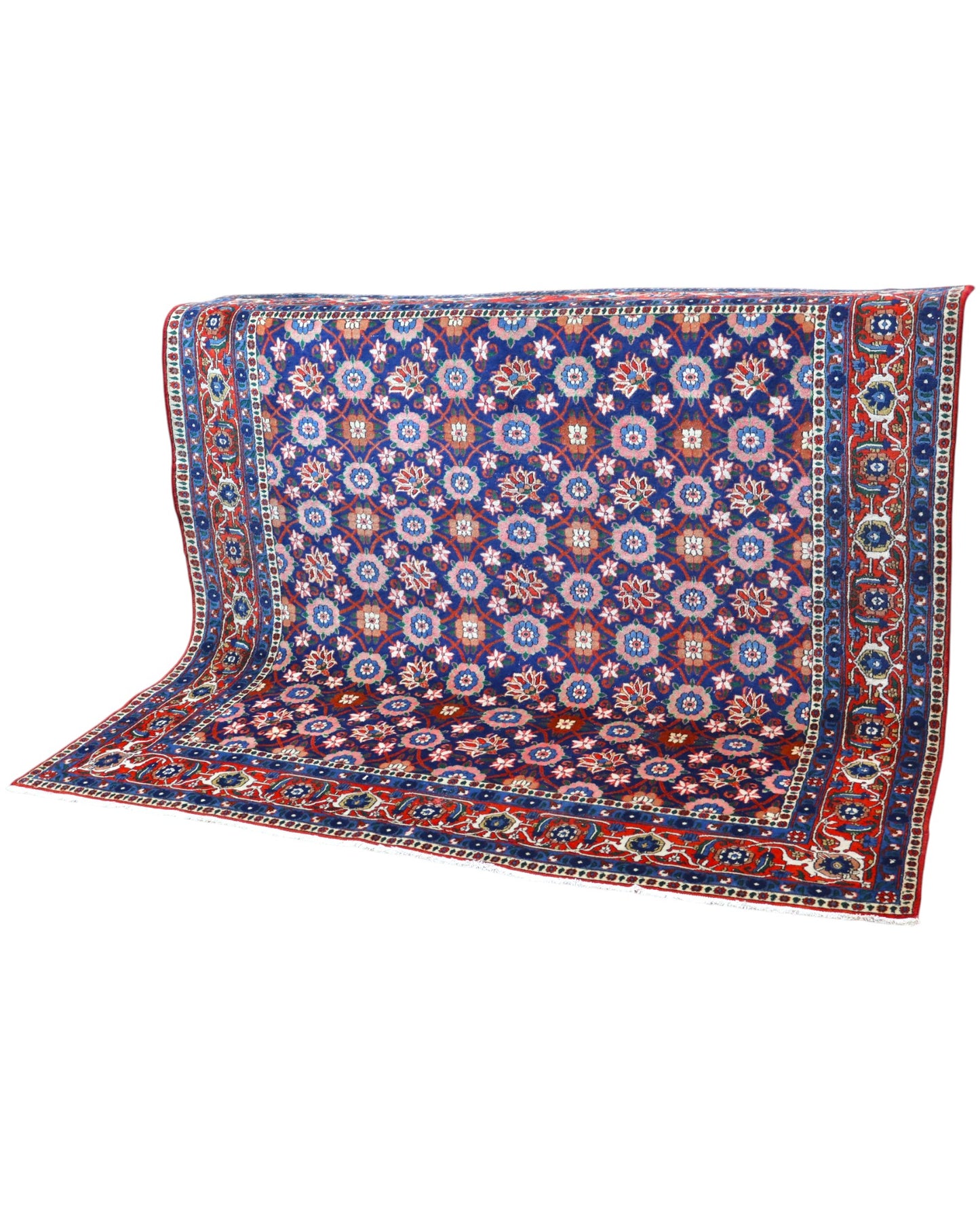 Tappeto Varamin 201x193 cm persiano annodato a mano, quasi quadrato, fondo blu con disegno floreale Mina Khani in rosa, avorio e azzurro, cornice rossa decorata.