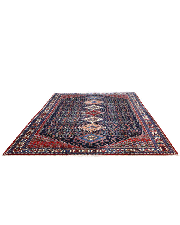 Tappeto Yalame persiano 346x265 cm, annodato a mano in lana e cotone, fondo blu con disegni geometrici tradizionali.