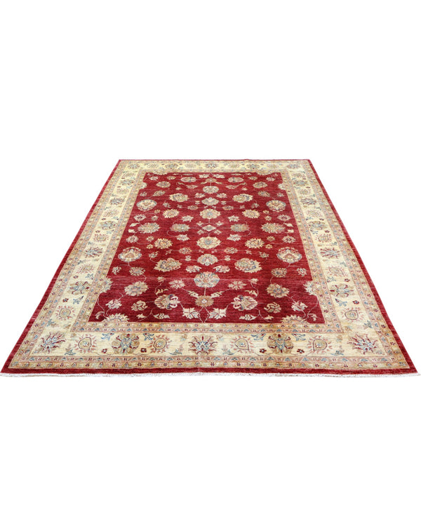 Tappeto Ziegler 298x207 cm con fondo bordeaux, motivi floreali avorio e dettagli azzurri, tramato ed annodato a mano, provenienza Afghanistan.