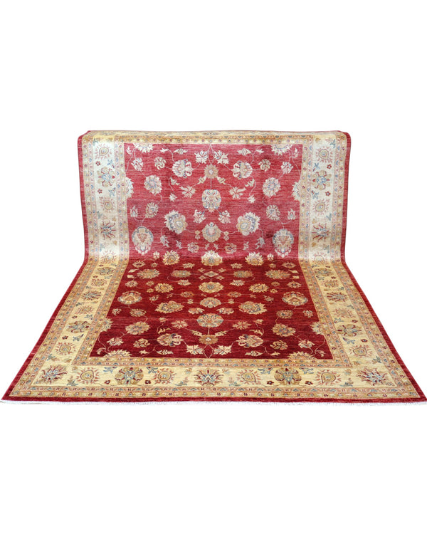 Tappeto Ziegler 298x207 cm con fondo bordeaux, motivi floreali avorio e dettagli azzurri, tramato ed annodato a mano, provenienza Afghanistan.