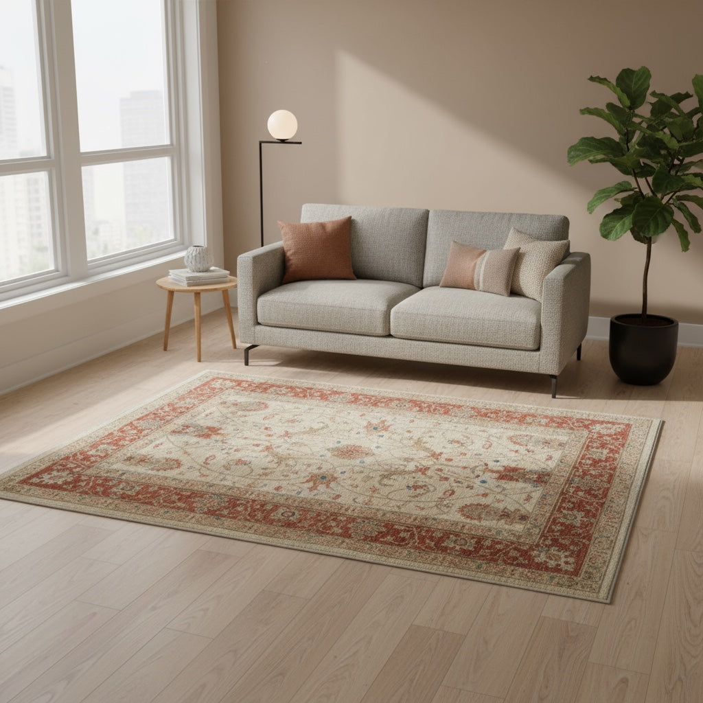 Tappeto Ziegler Farahan 191x153cm annodato a mano con campo beige e bordura rosso mattone decorata da motivi floreali.