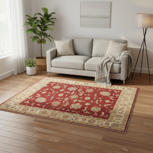 Tappeto Ziegler Farahan 195x155 cm, annodato a mano in Afghanistan, campo rosso melograno con motivi floreali e cornice beige, lana tinta vegetale, certificato di autenticità incluso.