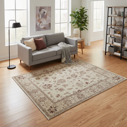 Tappeto Ziegler Farahan annodato a mano, design floreale diffuso senza medaglione centrale, colori avorio, crema, rosso, nero e blu, aspetto anticato con certificato di autenticità.