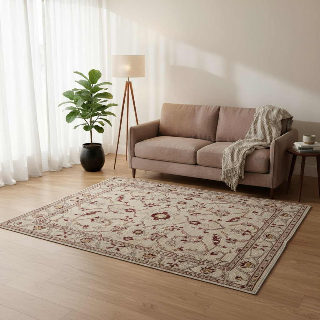 Tappeto Ziegler Farahan rettangolare 200x153 cm, palette avorio, crema, rosso, nero e blu, annodato a mano in lana e cotone con colori vegetali, provenienza Persia (Sultanabad/Arak).