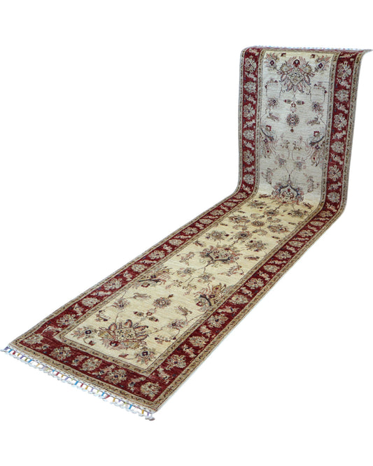 Tappeto Ziegler afgano, beige con cornice rossa, annodato a mano, 320x80 cm.
