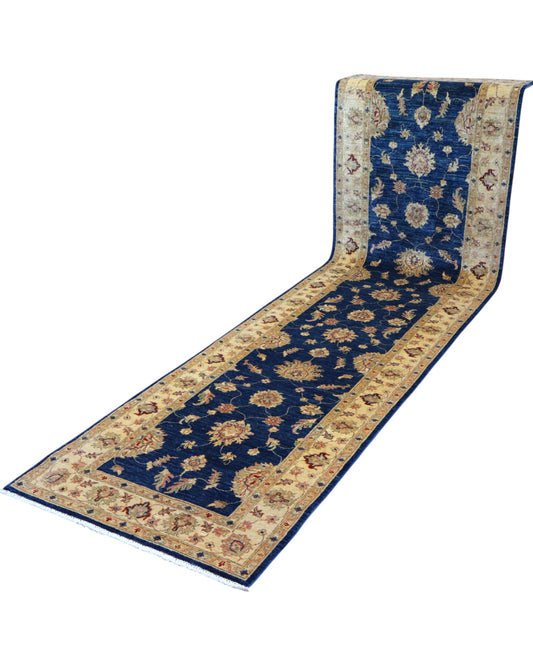 Tappeto Ziegler afgano, colori vegetali con disegno contemporaneo, annodato a mano, 358x94 cm.