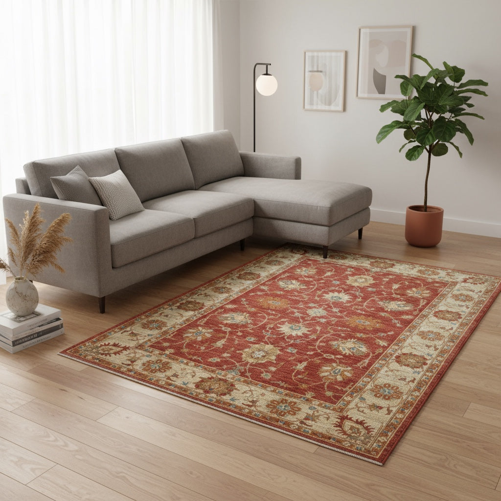 Tappeto Ziegler afgano, fondo rosso mattone con cornice beige e disegno contemporaneo, annodato a mano, 245x171 cm.