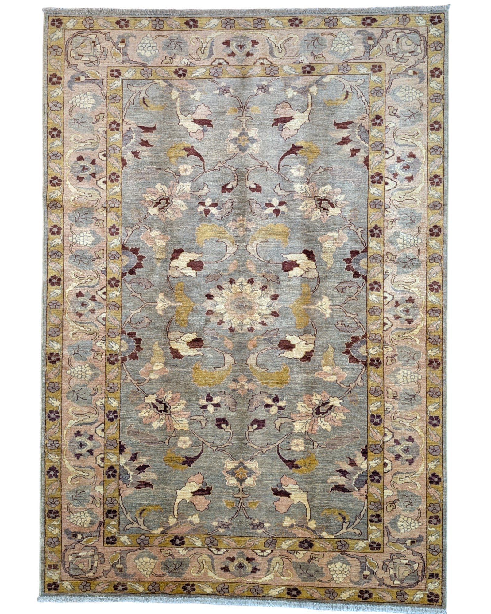 Tappeto Ziegler afgano, fondo grigio chiaro con motivi decorativi contemporanei, annodato a mano, 250x172 cm.