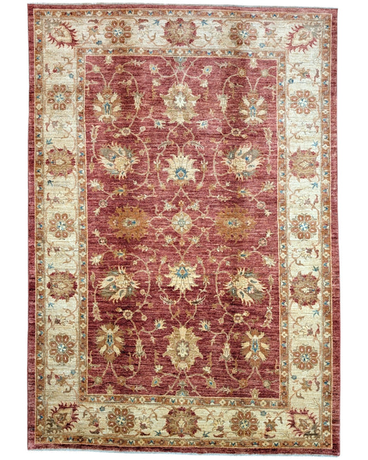 Tappeto Ziegler afgano, fondo rosso mattone con cornice beige e disegno contemporaneo, annodato a mano, 245x171 cm.