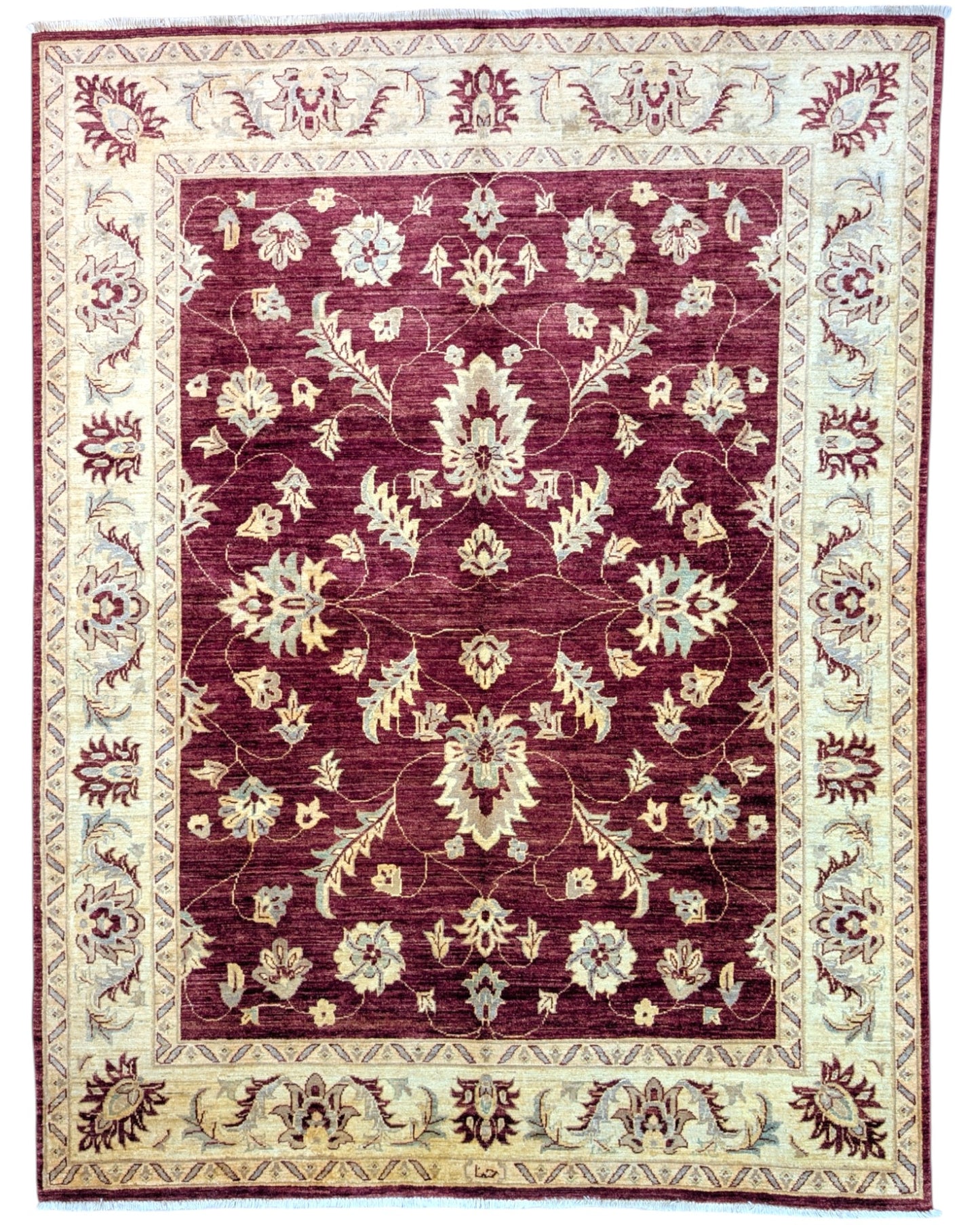 Tappeto Ziegler afgano, fondo rosso melograno con cornice beige e disegno decorativo, annodato a mano, 263x198 cm.