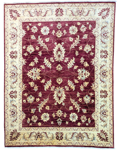 Tappeto Ziegler afgano, fondo rosso melograno con cornice beige e disegno decorativo, annodato a mano, 263x198 cm.