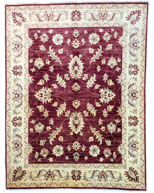 Tappeto Ziegler afgano, fondo rosso melograno con cornice beige e disegno decorativo, annodato a mano, 263x198 cm.