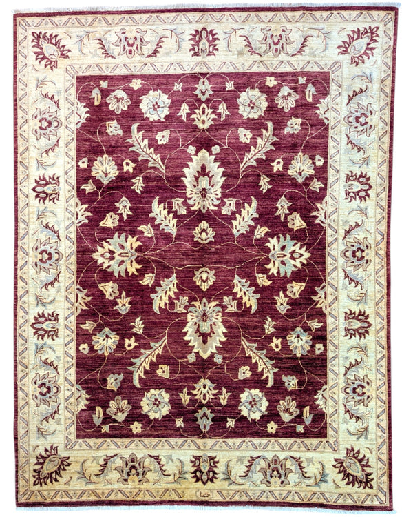 Tappeto Ziegler afgano, fondo rosso melograno con cornice beige e disegno decorativo, annodato a mano, 263x198 cm.
