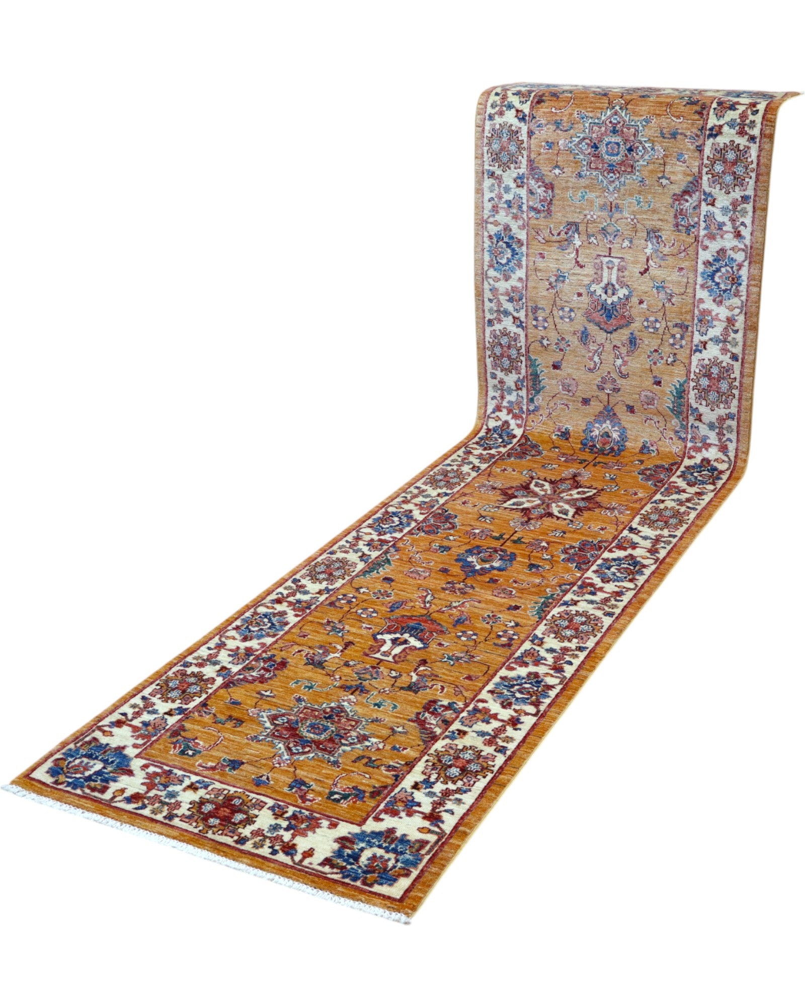 Tappeto Ziegler afgano, oro con cornice beige, annodato a mano, 306x83 cm.