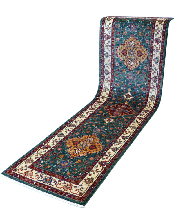 Tappeto Ziegler afgano, verde smeraldo con cornice beige e disegno geometrico, annodato a mano, 291x81 cm.