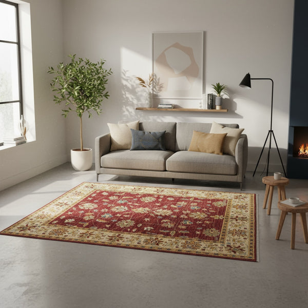 Tappeto Ziegler afghano annodato a mano, 190x152 cm, in lana e cotone con motivi floreali su fondo rosso melograno e cornice beige, colori vegetali e certificato di autenticità.