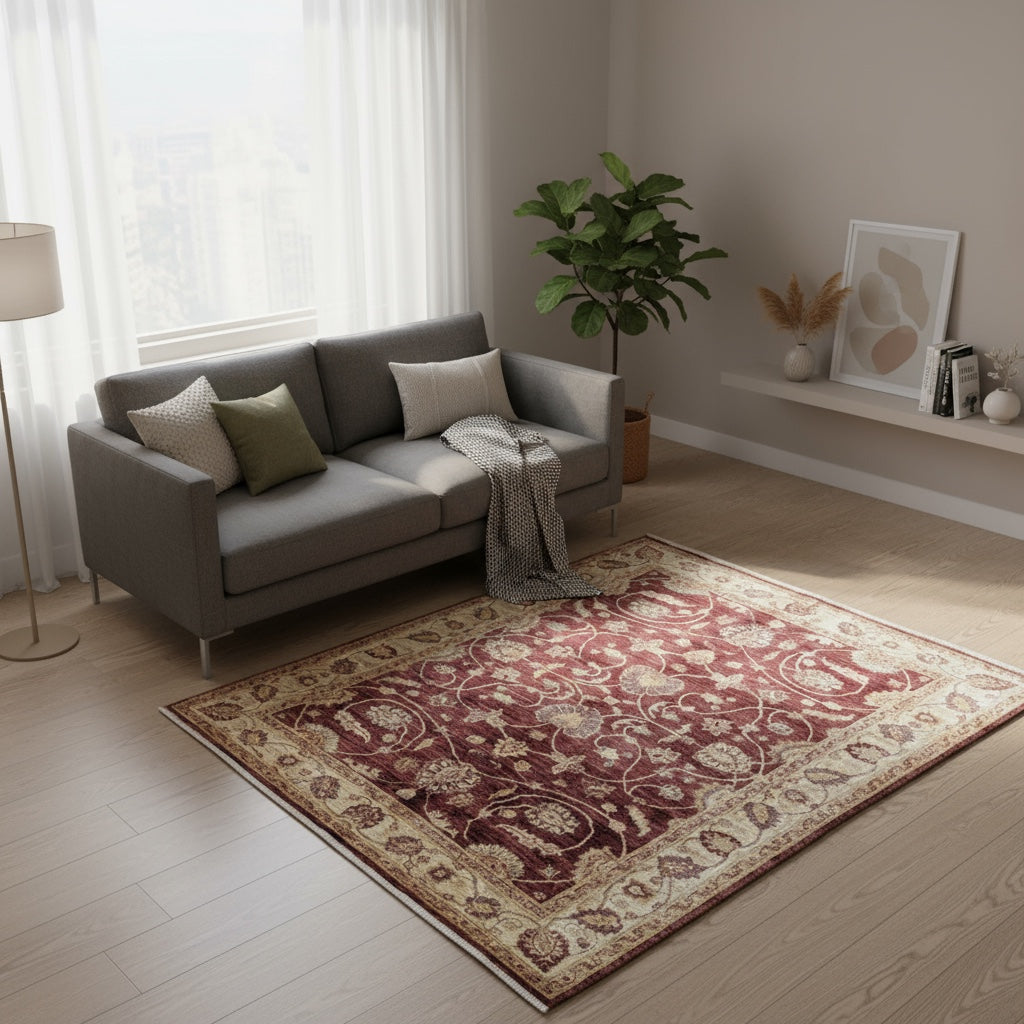 Tappeto Ziegler rettangolare 183x157 cm, fondo rosso con cornice beige e motivi floreali, annodato a mano in lana e cotone con colori vegetali, provenienza Afghanistan.