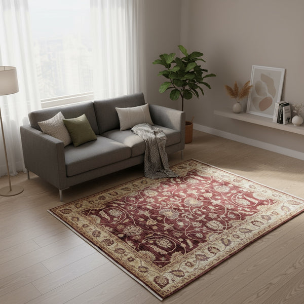 Tappeto Ziegler rettangolare 183x157 cm, fondo rosso con cornice beige e motivi floreali, annodato a mano in lana e cotone con colori vegetali, provenienza Afghanistan.