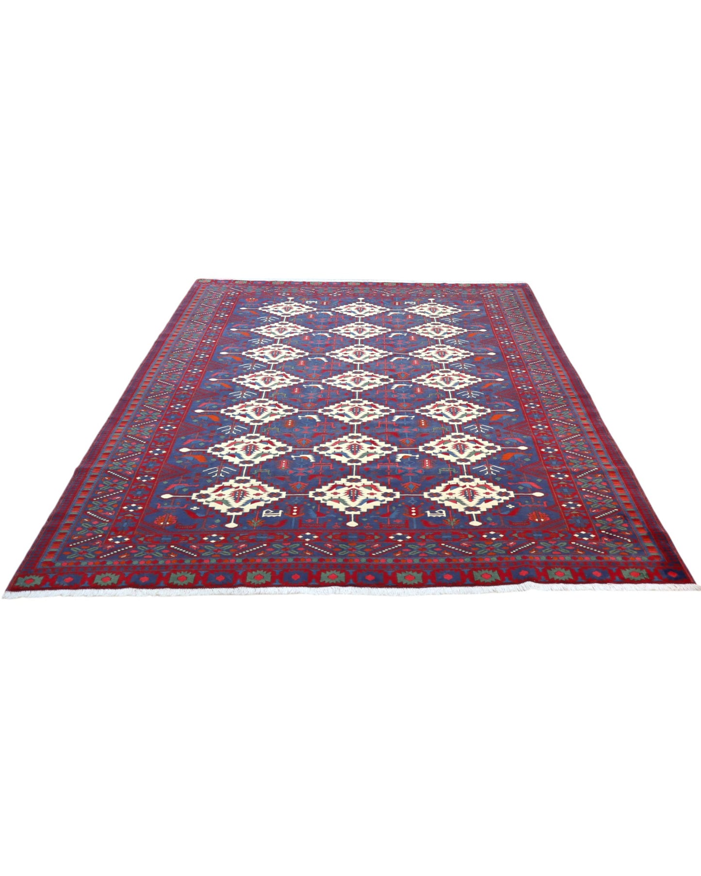 Tappeto afgano 289x196 cm con fondo blu e motivi geometrici avorio e rossi, tramato ed annodato a mano, provenienza Afghanistan.