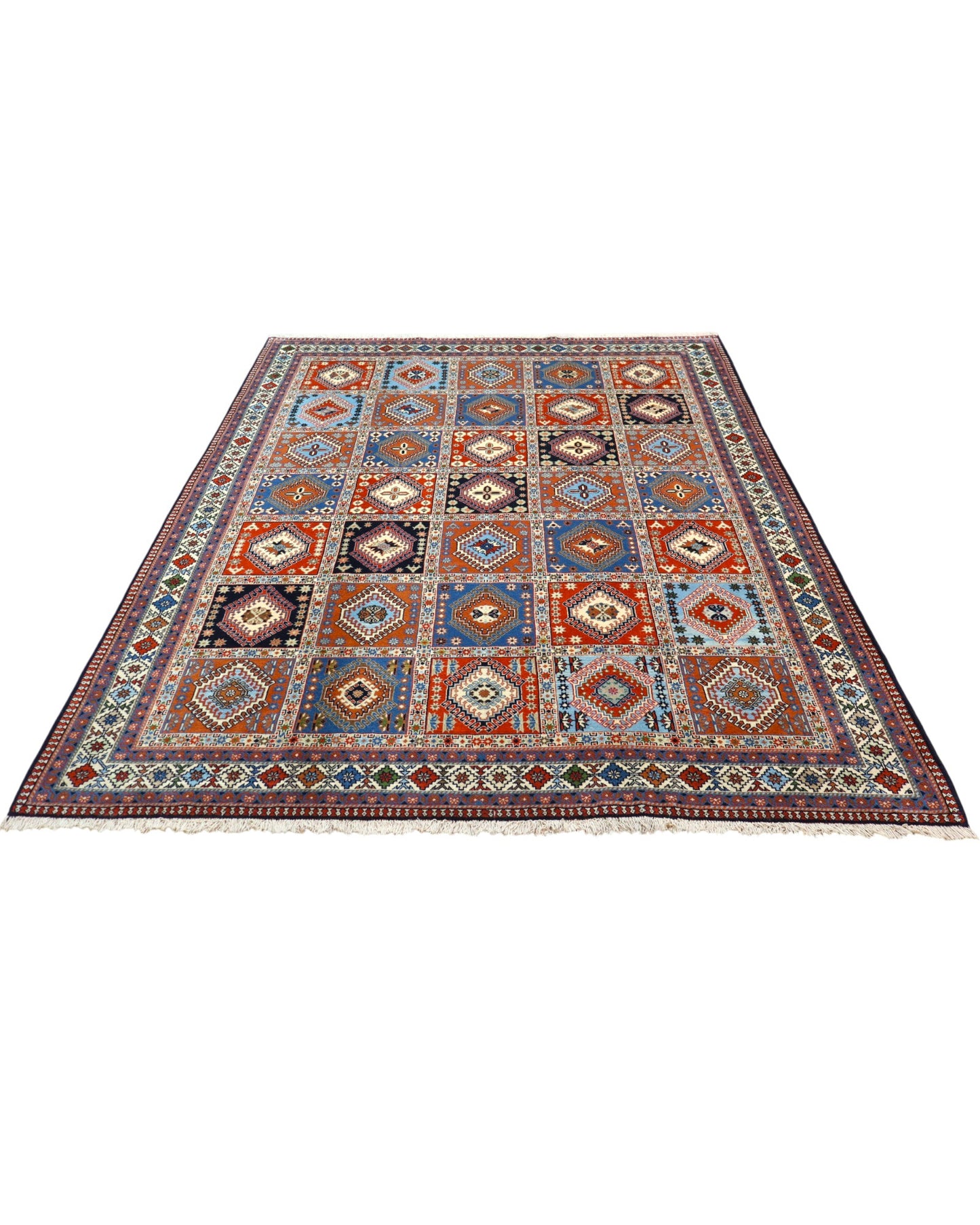 "Tappeto Yalameh annodato a mano con motivi geometrici in marrone, blu, rosso, giallo e crema, 290x204 cm."