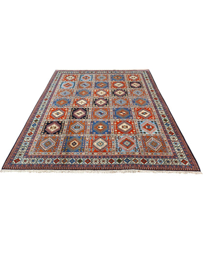 "Tappeto Yalameh annodato a mano con motivi geometrici in marrone, blu, rosso, giallo e crema, 290x204 cm."