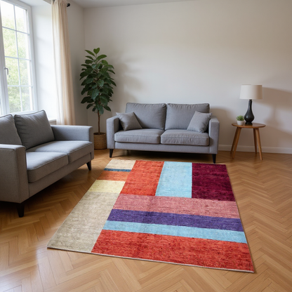 Tappeto moderno 200x150 cm, design "Color Block" con colori vivaci, annodato a mano, certificato di autenticità incluso.