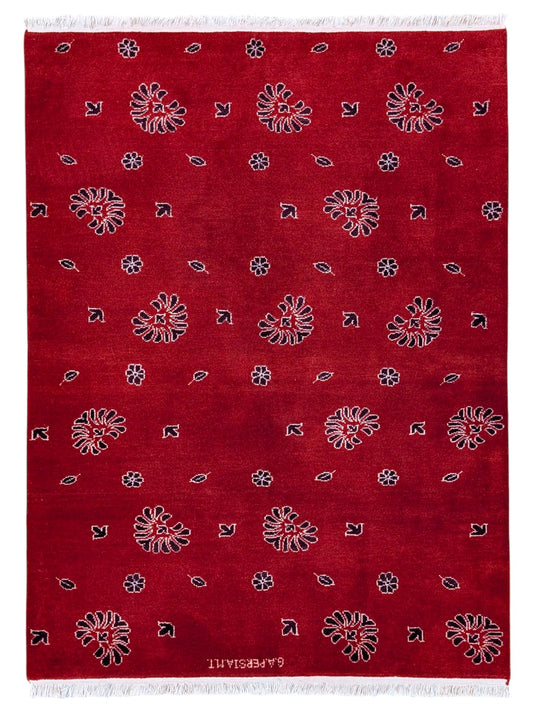  Tappeto moderno 148x107 cm annodato a mano in Persia, fondo rosso con motivi floreali stilizzati, lana e colori vegetali.