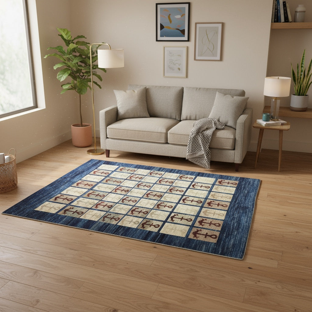 Tappeto moderno 192x147 cm, astratto con blocchi di colore ruggine, blu, viola, fondo beige, design esclusivo, certificato di autenticità incluso.