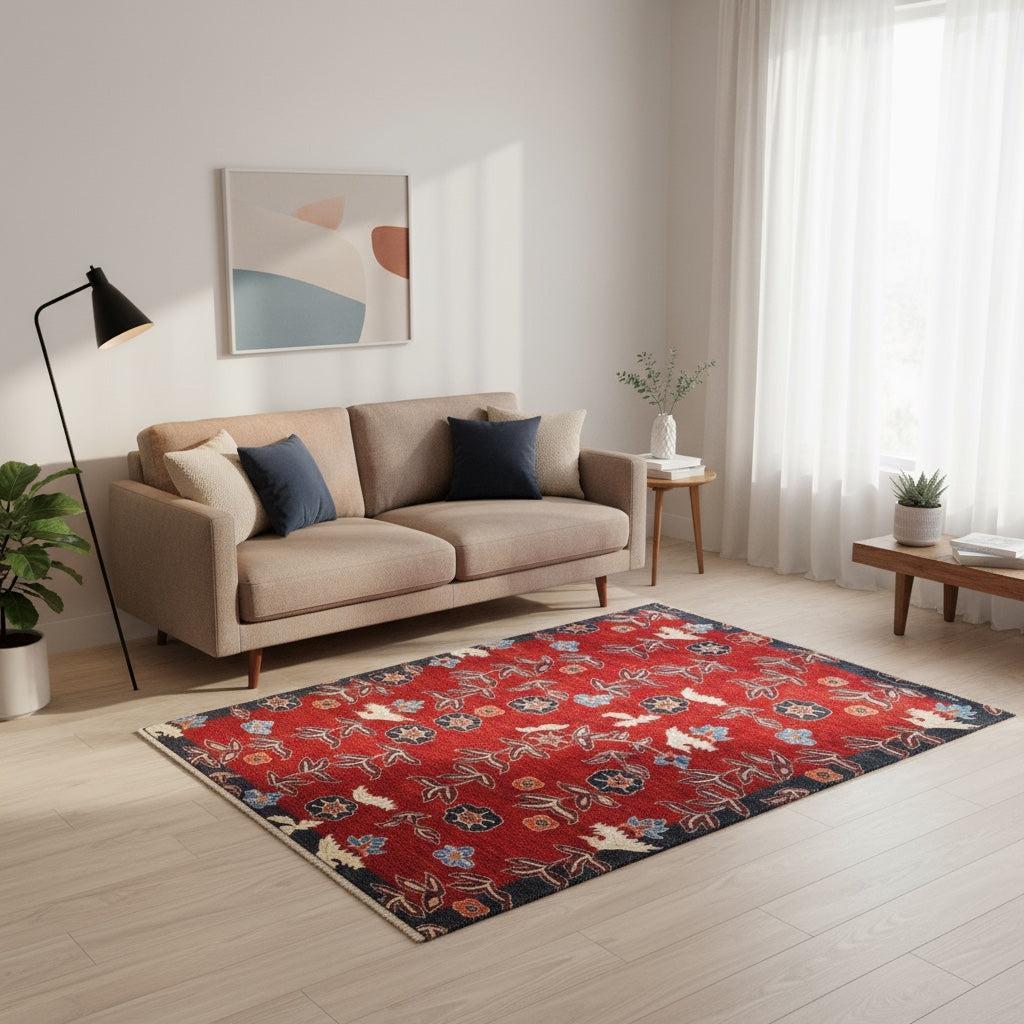 Tappeto moderno 194x151 cm, fondo rosso melograno, motivi floreali stilizzati, cornice nera, annodato a mano, design originale di Darios, certificato di autenticità incluso.