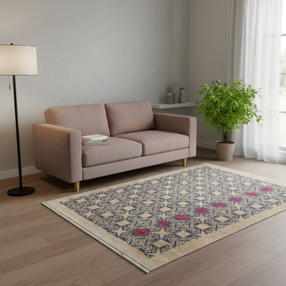 Tappeto moderno 200x150 cm, motivi geometrici e tocchi di fucsia, artigianato tradizionale, certificato di autenticità incluso.