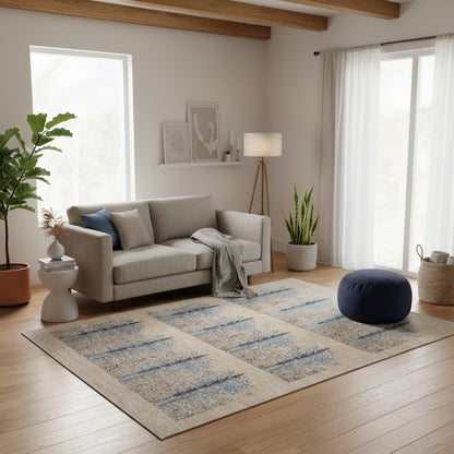 Tappeto moderno 200x151 cm con design di bosco stilizzato in celeste, grigio e beige, annodato a mano, certificato di autenticità incluso.