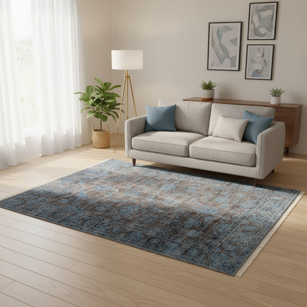 Tappeto moderno 200x180 cm, campo grigio lupo con motivi turchesi e blu, annodato a mano, certificato di autenticità incluso.