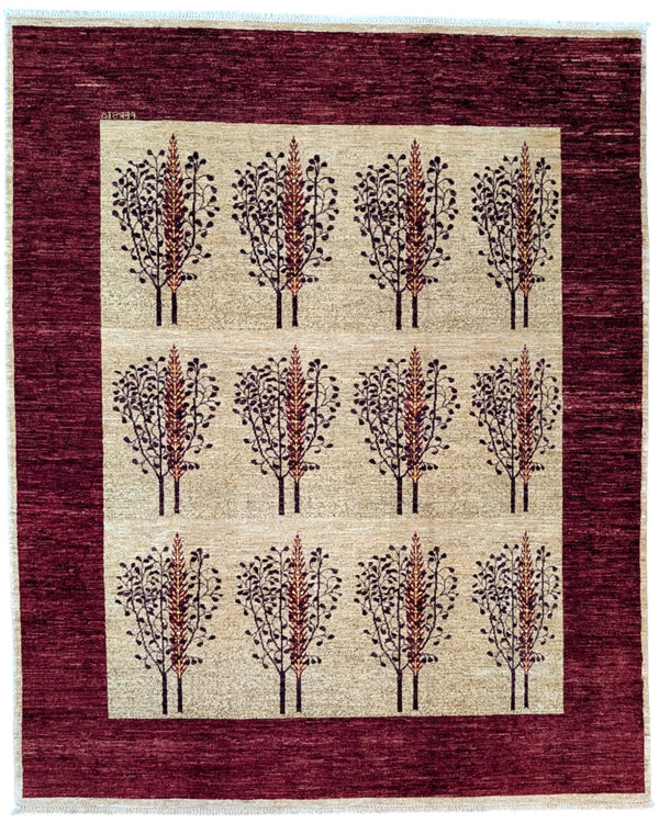 Tappeto moderno 214x145 cm Persia con fondo avorio, alberi stilizzati in sequenza e bordo bordeaux, tramato ed annodato a mano.