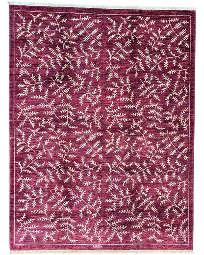 Tappeto moderno 225x178 cm Persia con fondo bordeaux e motivi floreali in avorio, annodato a mano in lana e cotone.