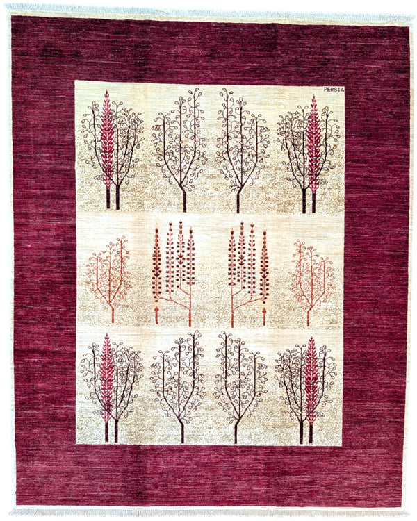 Tappeto moderno 226x186 cm Persia con fondo bordeaux e alberi stilizzati in rosso e marrone, annodato a mano in lana e cotone.