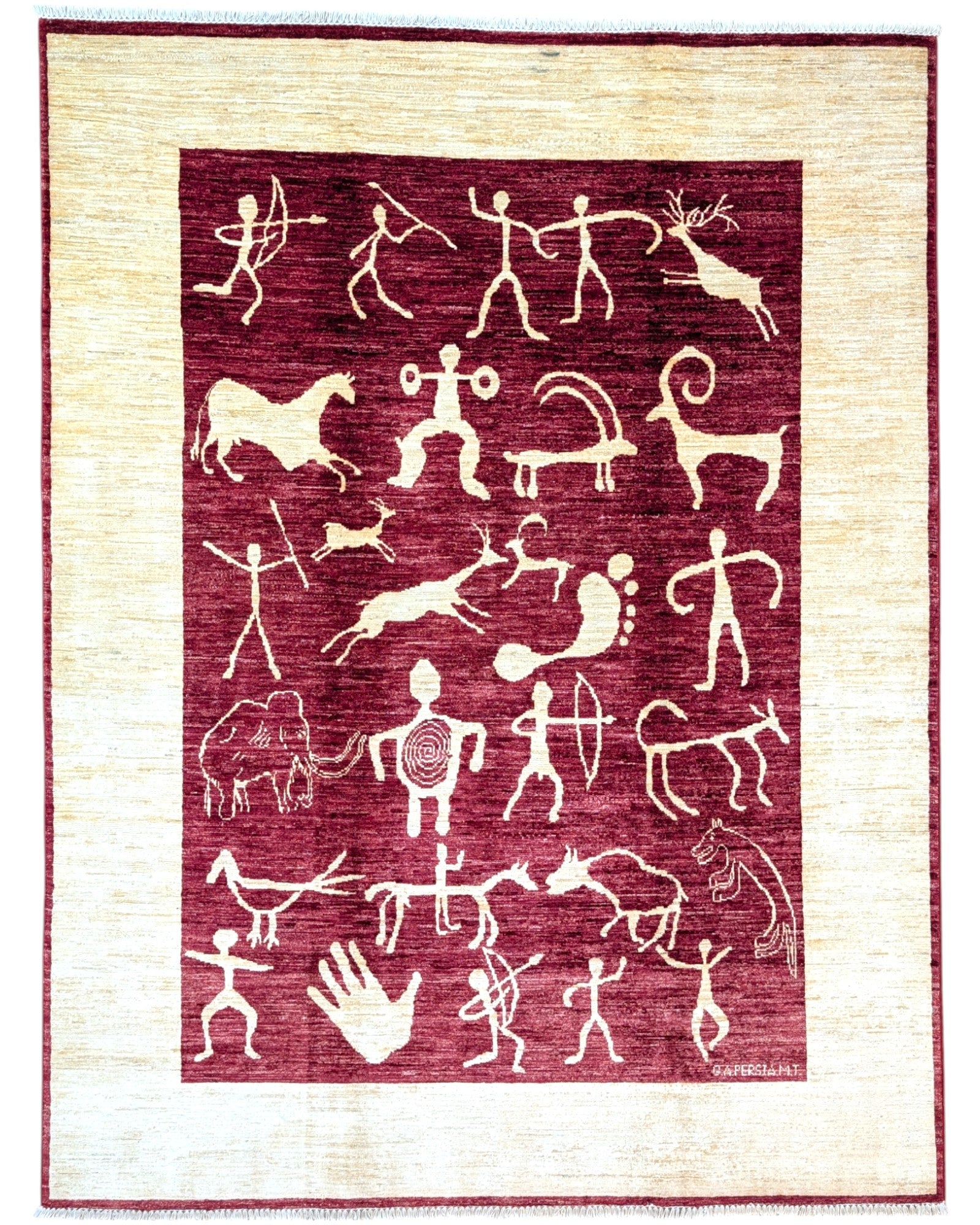 Tappeto moderno 228x183 cm Persia con fondo bordeaux, figure stilizzate avorio e cornice beige, annodato a mano in lana e cotone.