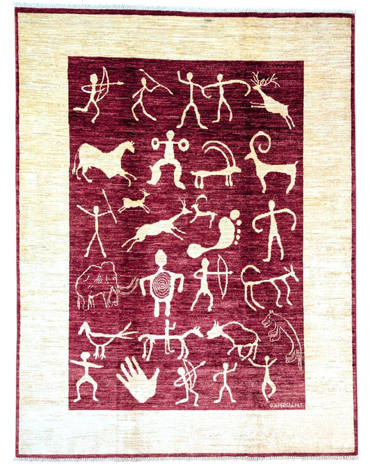 Tappeto moderno 228x183 cm Persia con fondo bordeaux, figure stilizzate avorio e cornice beige, annodato a mano in lana e cotone.