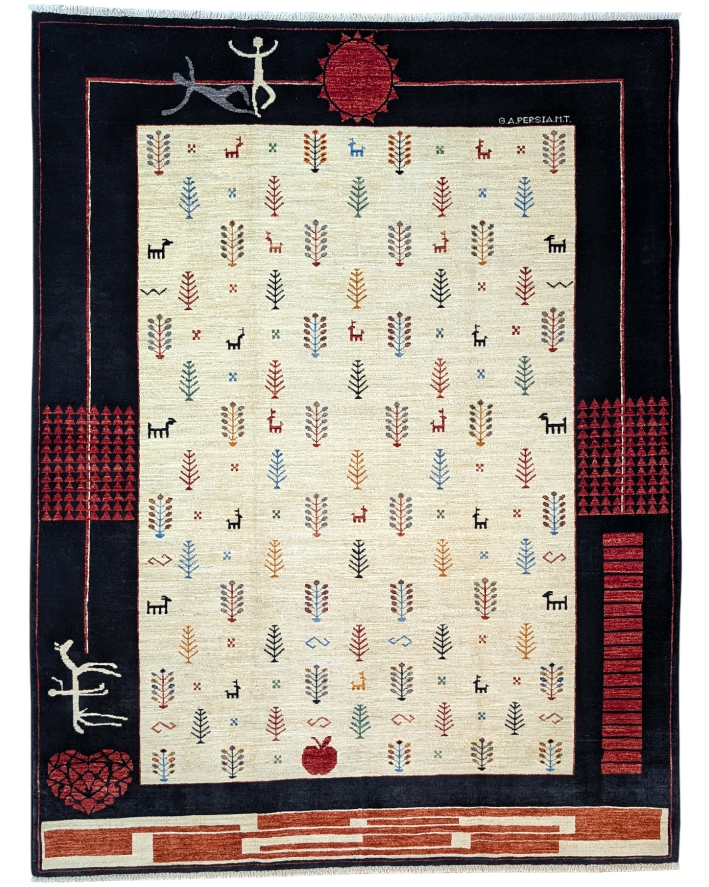 Tappeto moderno 236x182 cm Persia con fondo chiaro e motivi figurativi multicolore, cornice scura con decorazioni rosse, annodato a mano in lana e cotone.