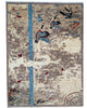Tappeto moderno 238x176 cm Persia con figure di gru in volo e dettagli azzurri su fondo beige-marrone. Annodato a mano in lana naturale.