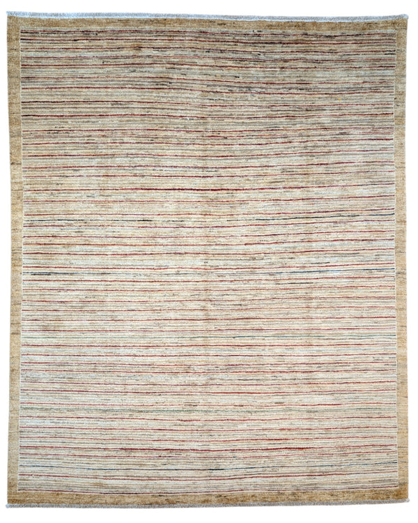 Tappeto moderno 240x204 cm Persia con fondo chiaro e linee sottili multicolore, annodato a mano in lana e cotone.