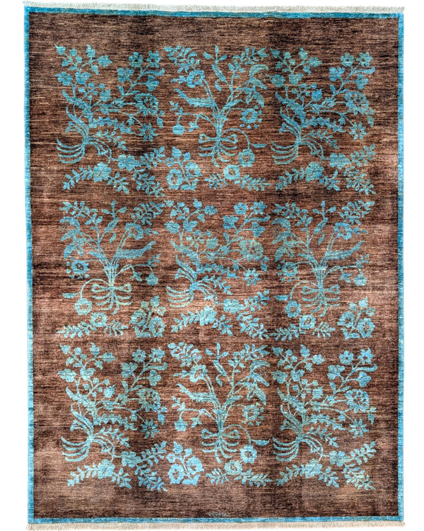 Tappeto moderno 242x180 cm Persia con fondo marrone e motivi floreali turchesi, annodato a mano in lana e cotone.