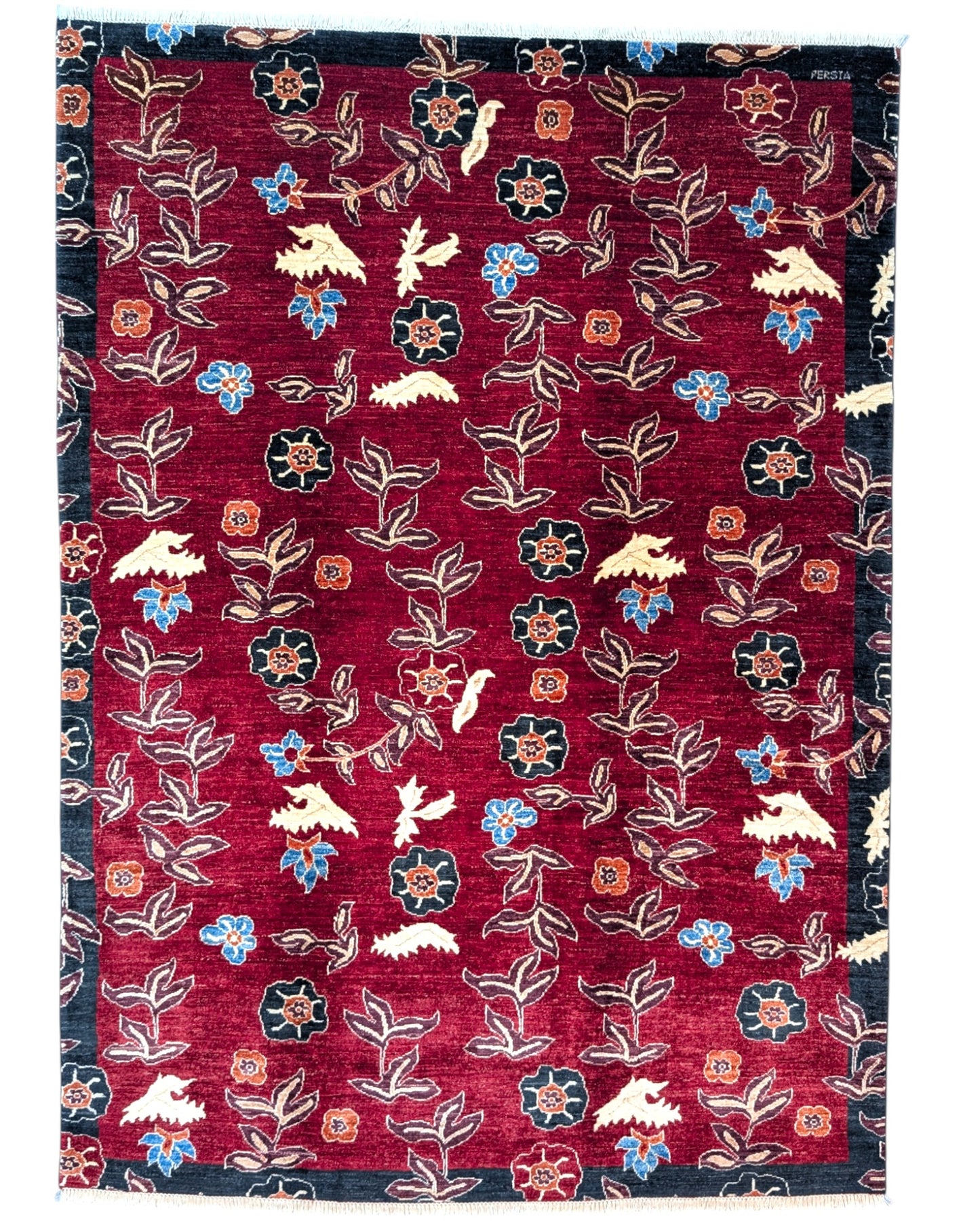 Tappeto moderno 247x180 cm con fondo bordeaux e motivi floreali stilizzati, annodato a mano in lana e cotone, provenienza Afghanistan.